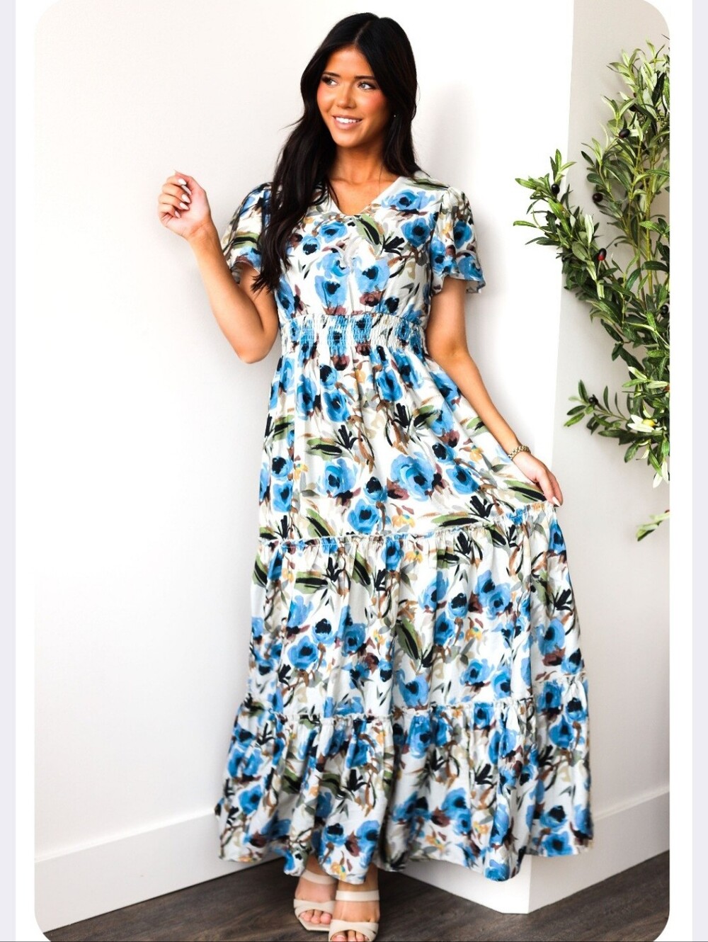 NWT Mikarose The Eden Dress in Summer Sky Floral Tiered Smocked Maxi Dress- XS